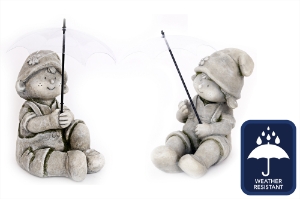 Boy and Girl Ornament Sitting with Umbrella 29.5cm Ext.