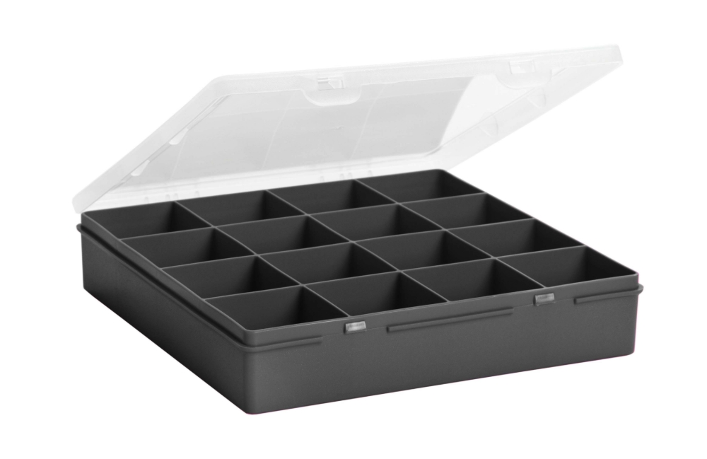 Box & Hinged Lid Organiser 16Div. Various Colours
