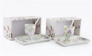 Egg Cup Set Porcelain Dish Cup & Spoon Pressed Flowers