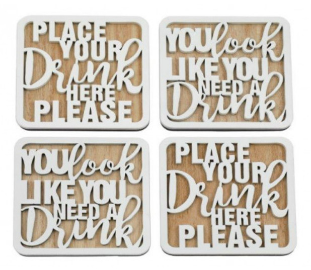 Coasters Place your DRINK here x4 in Tray White - Image 2