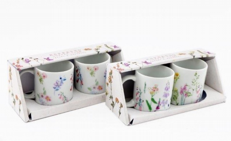Coffee Cup Espresso Set x2 Porcelain Pressed Flowers