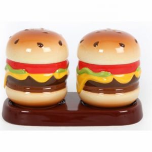 Condiment Set S.& Pepper Hamburger Des. on Stand Ceramic