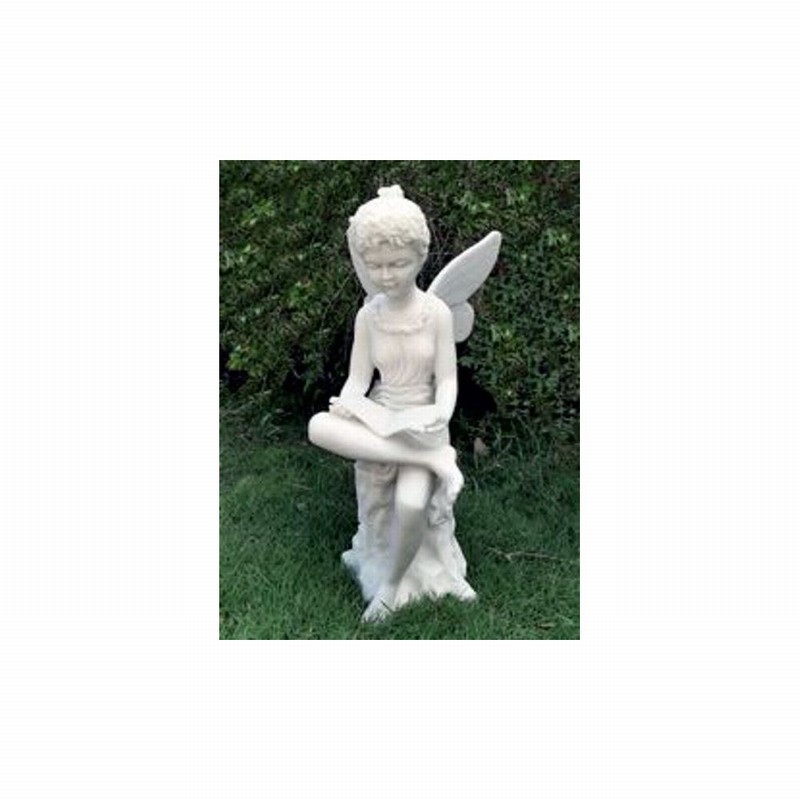 Garden Ornament FAIRY READING ON LOG WHITE Colour 57cm