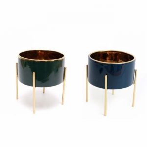 Planter Porcelain Blue & Gold on Metal Stand 170x155mm