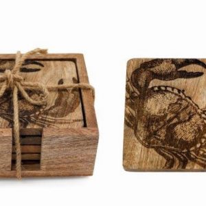4 x 10cm Crab Design Engraved Wooden Coasters in Holder