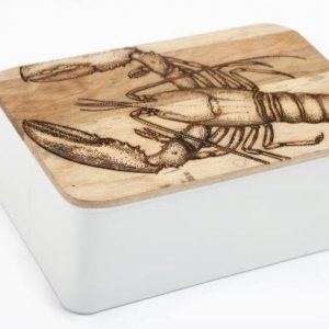 Storage Tin & Lid Metal & Wood LOBSTER 25x17cm