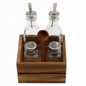Condiment Set 4Pce. In Acacia Wooden Stand