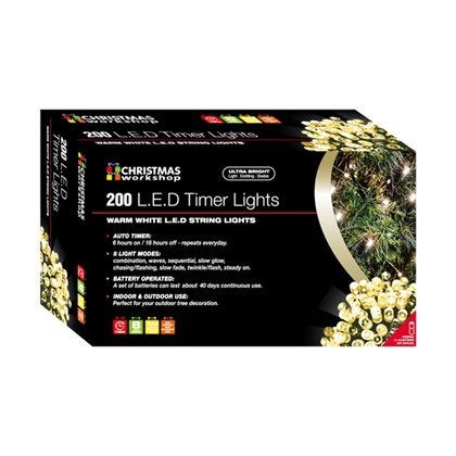 Christmas Lights 200 LED Warm White Timer 3xAA Req.