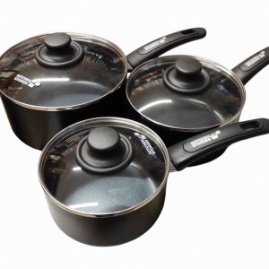3 Piece Black Non Stick Stewpan Set with Glass Lids